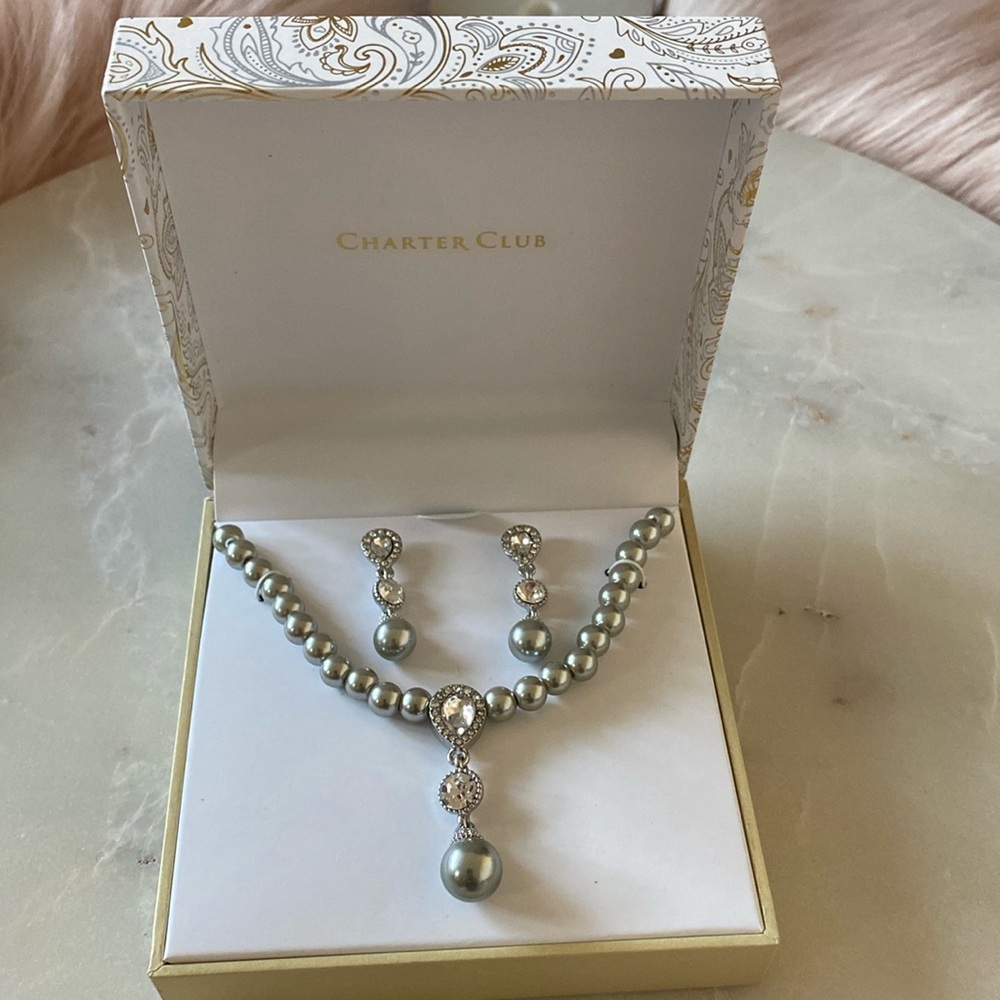NWT Charter Club Silver and Gray Pearl Earring Set